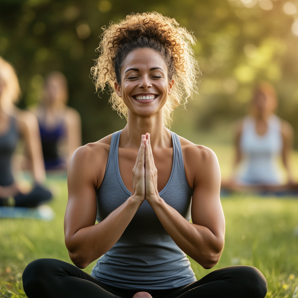 mujer joven meditando en un parque