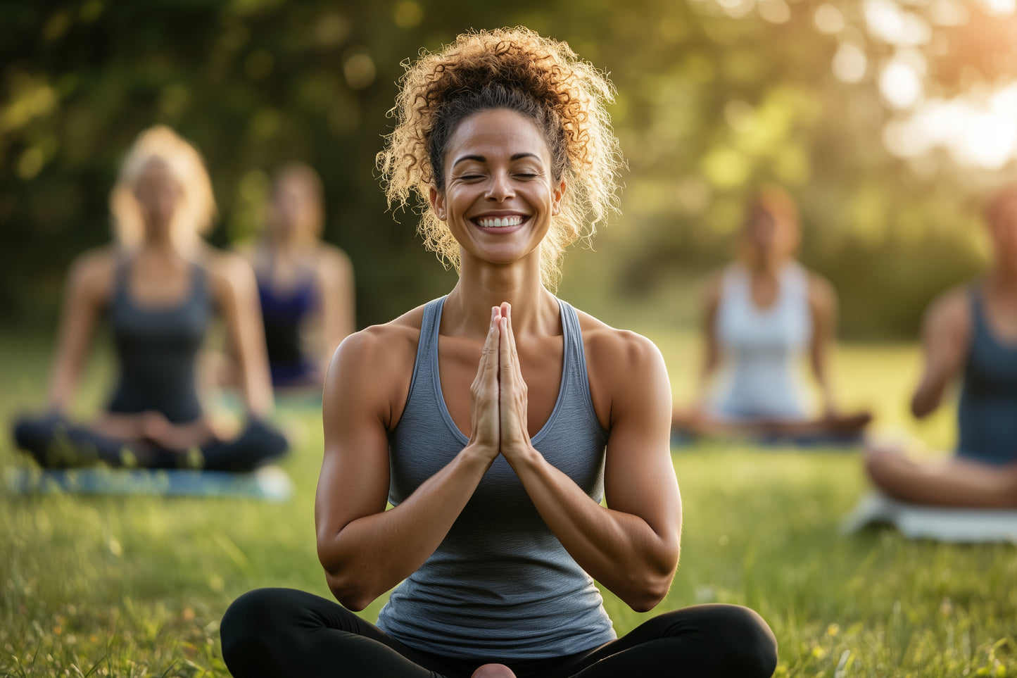 mujer joven meditando en un parque